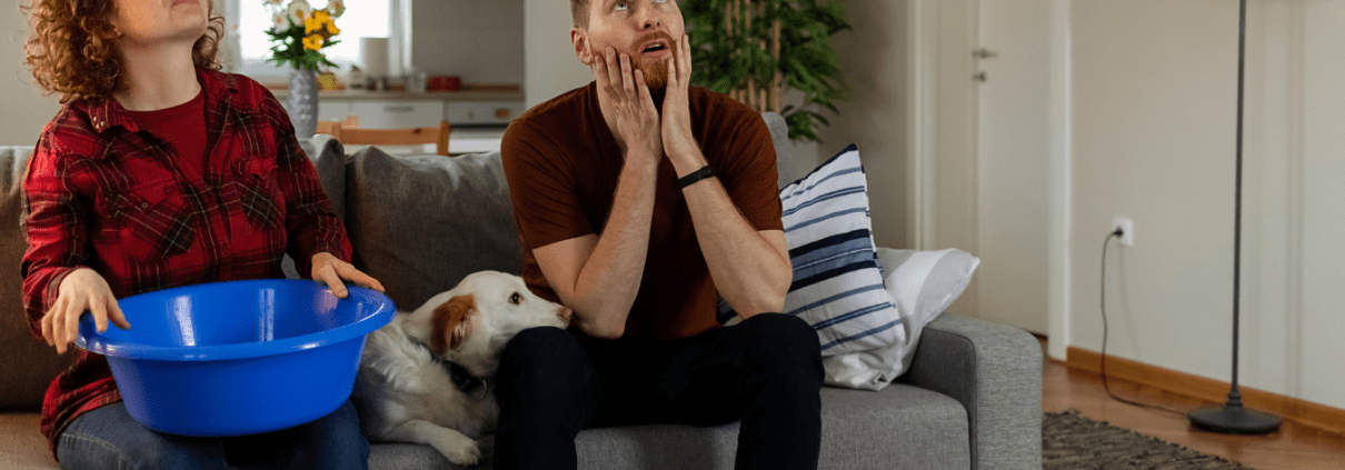turn key leak Couple sitting on couch with dog, holding water buckets, looking up at leaking ceiling, worried and stressed.
